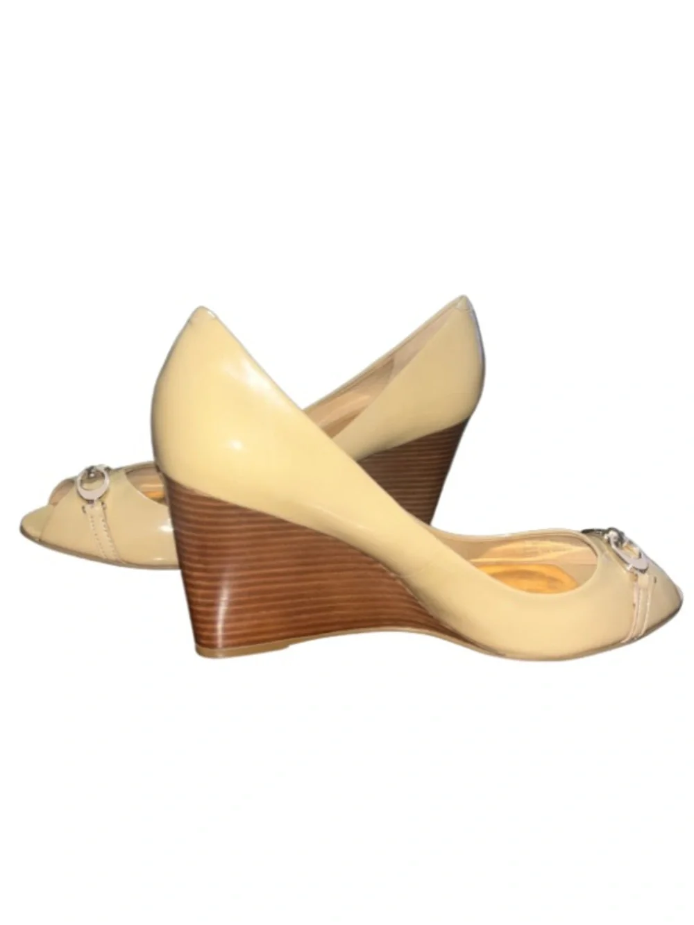 Coach Elora Patent Leather Peep Toe Wedge Heels - Tan Nude 11B LIKE NEW